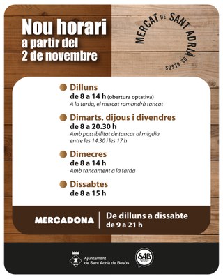 El Mercat d’Abastaments de Sant Adrià estrena nou horari a partir del 2 de novembre
